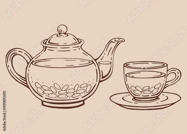 Fototapeta Tea set with glass teapot and cup, barberry tea. Hand drawn vector illustration in outline style.