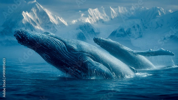 Obraz A whale jumping out of the water against a beautiful backdrop