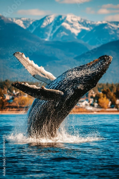 Obraz A whale jumping out of the water against a beautiful backdrop
