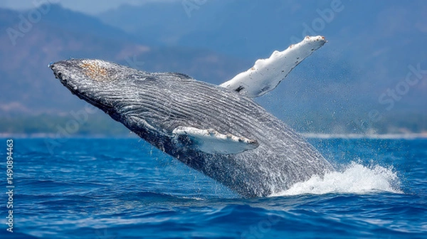 Obraz A whale jumping out of the water against a beautiful backdrop