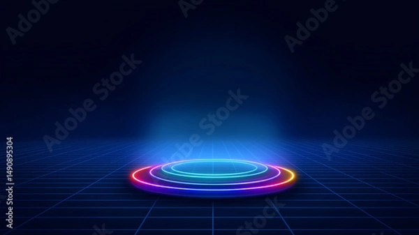 Fototapeta technology blue background of exhibit booth stage and glowing light