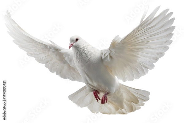 Fototapeta High resolution white dove in flight with graceful wings and fine feather detail Isolated on transparent Background