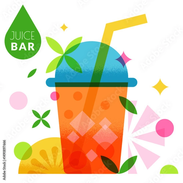Fototapeta Fresh juice bar vector label, logo design. Illustration for citrus tropical fruit drinks, lemonade, bubble tea menu