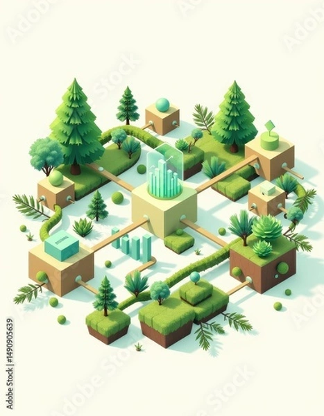 Fototapeta Isometric Low Poly Illustration of Interconnected Green Trees and Plants on Beige Cubes