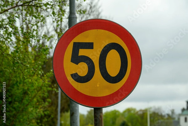 Obraz A circular speed limit sign displays the number 50 in bold black on a bright yellow background. The sign sits alongside a road surrounded by lush green trees, indicating a speed regulation area