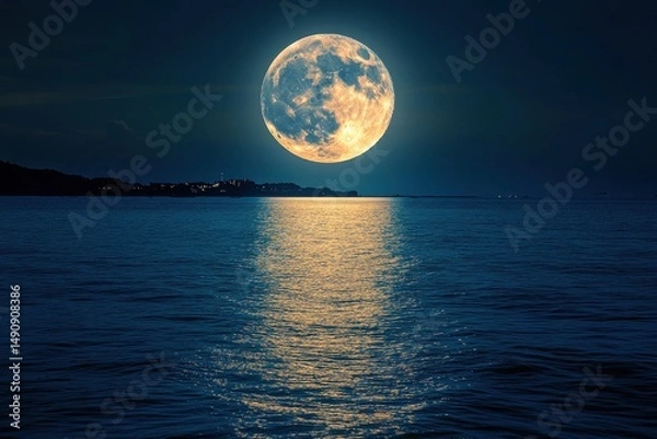 Fototapeta Bright full moon reflecting on calm water during nighttime by a serene coastline with distant lights