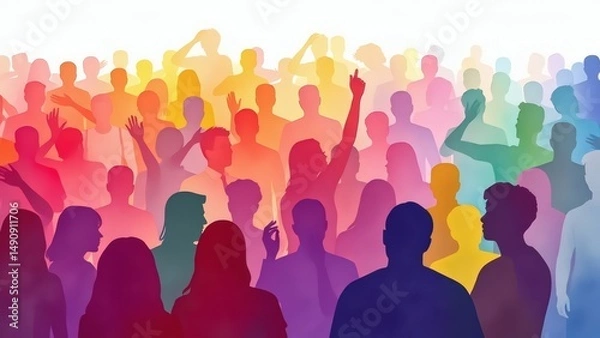 Obraz Vibrant watercolor silhouettes create an uplifting, diverse crowd background, bathed in a soft rainbow gradient, ideal for adding a splash of colorful, inclusive energy.