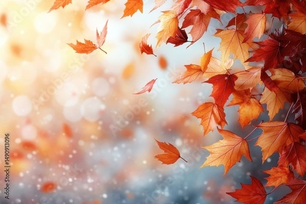 Fototapeta Vibrant autumn leaves swirl gently in the air amidst a soft, blurred background of warm colors and cool tones
