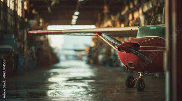 Obraz Light aircraft inside the hangar with the sun trapped inside the hangar
