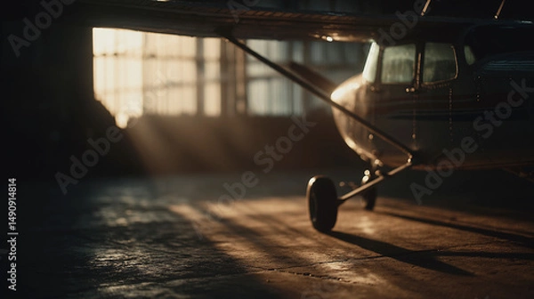 Obraz Light aircraft inside the hangar with the sun trapped inside the hangar