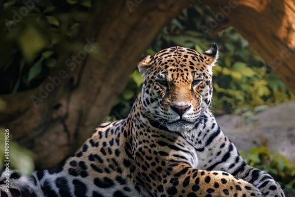 Obraz Close-up of a majestic jaguar in a lush forest.