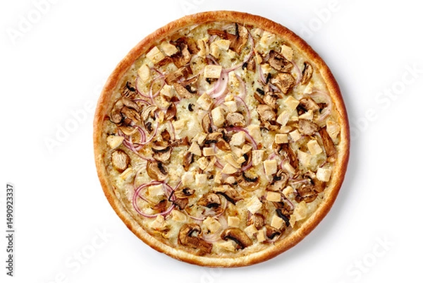 Fototapeta Delicious pizza with grilled chicken, mushrooms, and red onions on white background