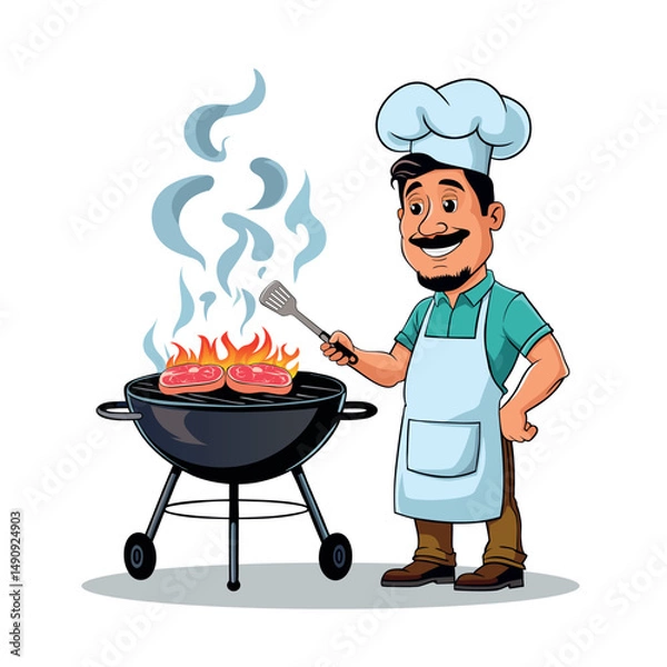 Fototapeta Man is cooking a barbecue grill. Fry meat and sausages on fire. Vector illustration.