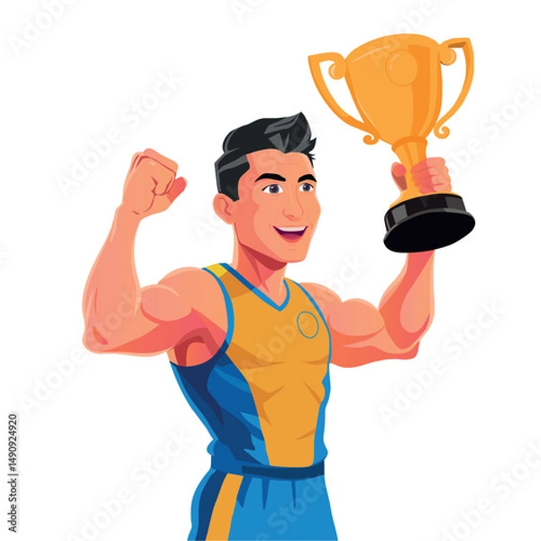 Fototapeta Young smiling man athlete champion holds golden winner cup, awarded with prize, win award. Concept of goal achievement celebration.