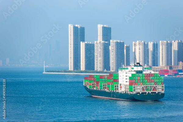 Fototapeta Fully loaded container ship departing Qingdao port, China. In the background, newly built waterfront residential towers rise along the shoreline.
