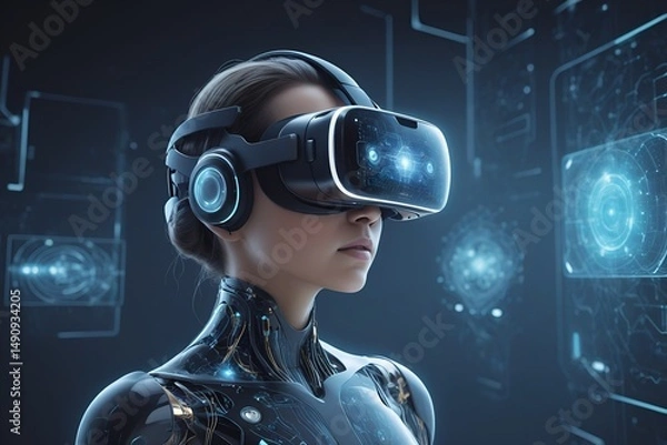 Fototapeta Futuristic vr glasses connecting neural link digital cybernetic metaverse neon city world space universe