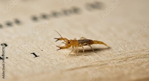 Fototapeta Macro photograph showcasing a tiny pseudoscorpion perched atop old parchment