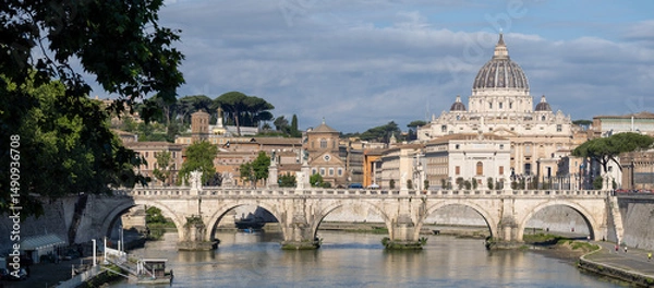 Obraz Ponte Sant'Angelo and St Peter Basilica in Rome, Italy	