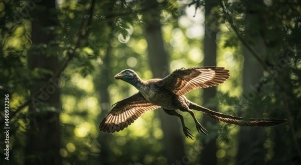 Fototapeta Enigmatic archaeopteryx soars through lush green forest canopy in vibrant display