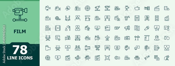 Fototapeta Film icon set. Minimalist vector collections. Related to cinema, media, theater, multimedia, television. Vector artwork and illustration. Media vector line icon set.