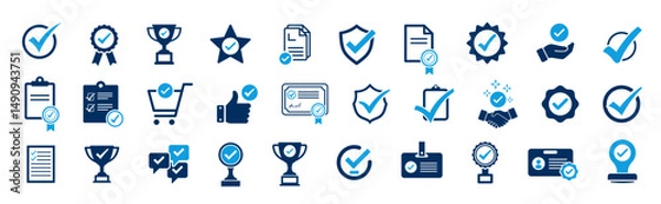 Fototapeta Approval icon set reflecting agreement, certified, validation, quality, acceptance, confirmation, examination, guarantee etc concept 