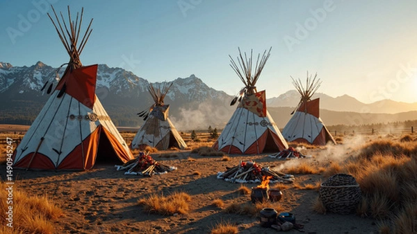 Fototapeta Traditional Native American teepees in vast natural landscapes, ideal for travel brochures, cultural campaigns, and historical documentaries    keywords:   teepees, Native American, traditional, 
