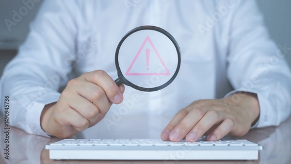 Obraz Businessman holding a magnifying glass hovering over a red triangle warning icon, symbolizing risk detection, data audit, system alert, and issue investigation in cybersecurity or quality assurance.