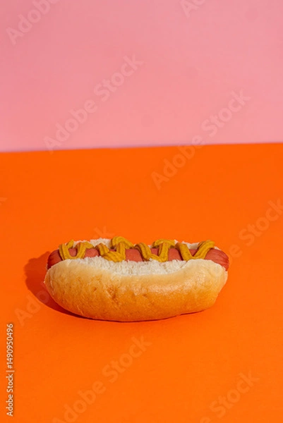 Obraz Classic Hot Dog with Mustard on a orange background
