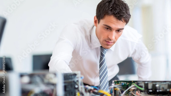 Fototapeta It technician diagnosing computer system issues in a modern office environment