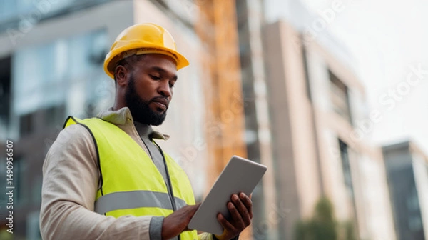 Obraz Architect with tablet at construction site for modern development project