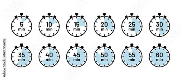 Fototapeta Countdown timer set. Timer symbols isolated. Round clocks with different minutes. Chronometer deadline, stopwatches icons in circle shape. Vector illustration. Cooking indicators in flat design.