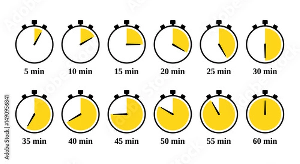 Fototapeta Countdown timer set. Chronometer deadline indicators. Stopwatches symbols in circle shape. Round clocks with different minutes. Vector illustration. Cooking timer icons. in flat design.