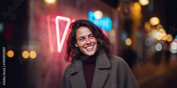 Obraz Evening city scene with smiling woman by neon lights