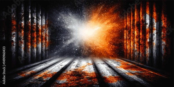 Fototapeta Abstract cosmic explosion in dark industrial corridor with glowing orange and white light, grungy textured walls and star particles