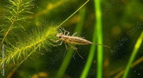 Fototapeta Captivating underwater view of a dragonfly larva clinging to aquatic plants