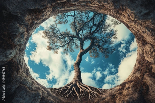Obraz A tree with roots going into the sky, and its crown goes into the ground, turning the perception of reality upside down, surrealism style