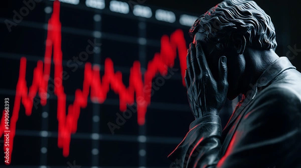 Obraz Stock Market Crash: A statue stands in distress against a backdrop of plummeting red stock data, symbolizing economic downturn and financial anxiety.