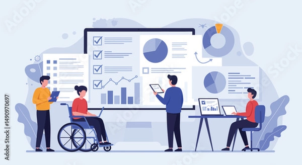 Fototapeta A futuristic AI-powered drone with sleek metallic plating and glowing blue accents hovers over a digital cityscape at night. The drone scans holographic data streams, analyzing information in real-tim