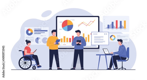 Obraz A futuristic AI-powered drone with sleek metallic plating and glowing blue accents hovers over a digital cityscape at night. The drone scans holographic data streams, analyzing information in real-tim