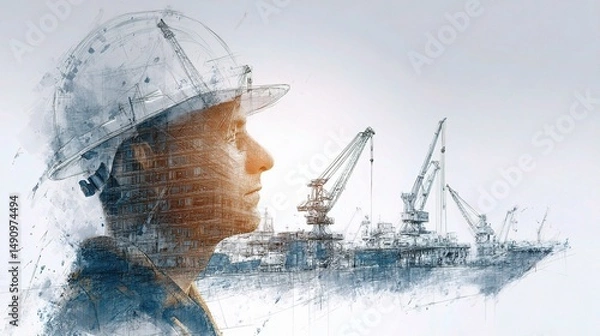 Fototapeta Profile of Maritime Engineer with Shipyard in Background