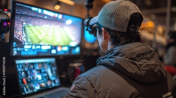 Fototapeta Young man monitoring a soccer game broadcast on a large screen and laptop.