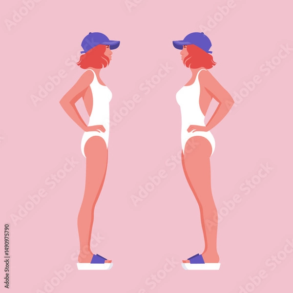 Fototapeta Changing the figure of a young European redhead woman in a swimsuit. Fight against anorexia and bulimia. A full-length. Side view. Summer vacation. Vector flat illustration