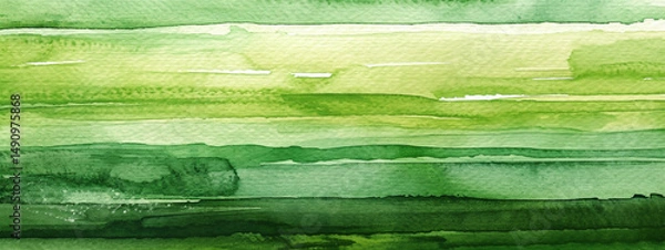 Fototapeta A watercolor background of green and yellow stripes. Green grass field watercolor illustration. Summer green watercolor background.