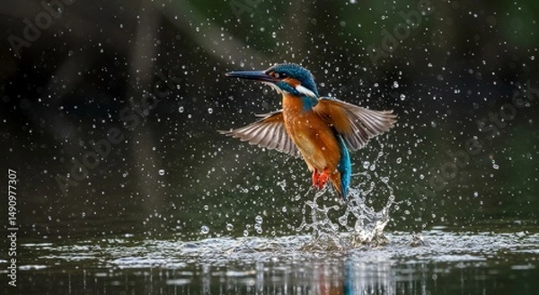 Fototapeta Kingfisher Emerges From Water in a Burst of Splendor and Vitality