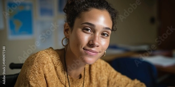 Fototapeta Inclusive education setting: student in wheelchair focused on academic work