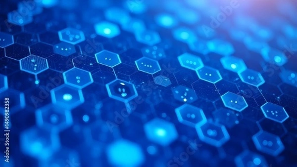 Obraz Intricate blue hexagonal tech background with subtle shimmering light, creating a modern and futuristic feel, perfect for digital designs and tech presentations.