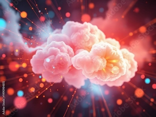 Fototapeta Abstract digital data streams flow through a vibrant, nebulous virtual cloud, creating a dynamic technological background.