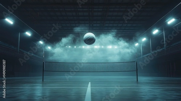 Obraz Volleyball hovering over net in smoky arena.