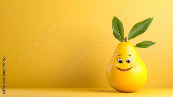 Fototapeta Happy Yellow Pear with Smiling Face on Yellow Background