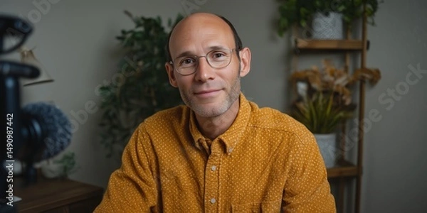 Fototapeta Professor recording online lecture from home office for educational content creation
